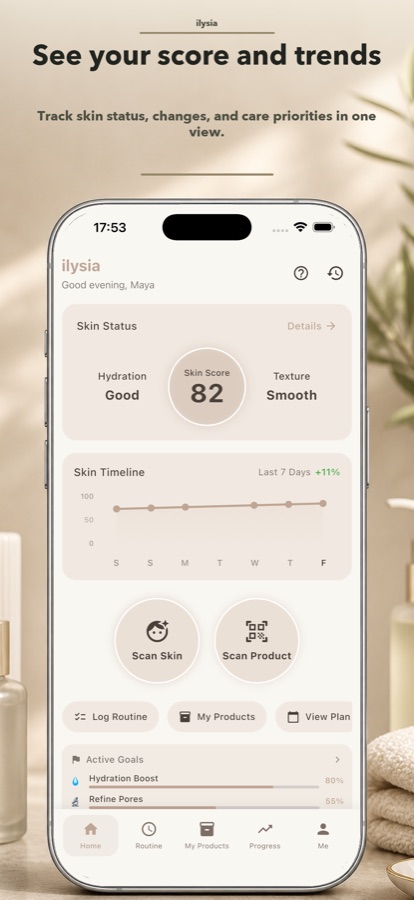 ilysia skin dashboard with scores and visible skin insights